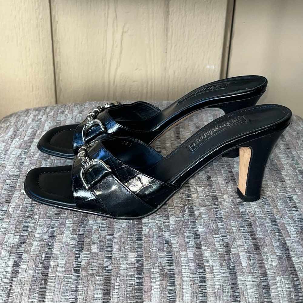 Brighton Black Leather Heeled Sandals Mules Size 7 Italy - Picture 2 of 6